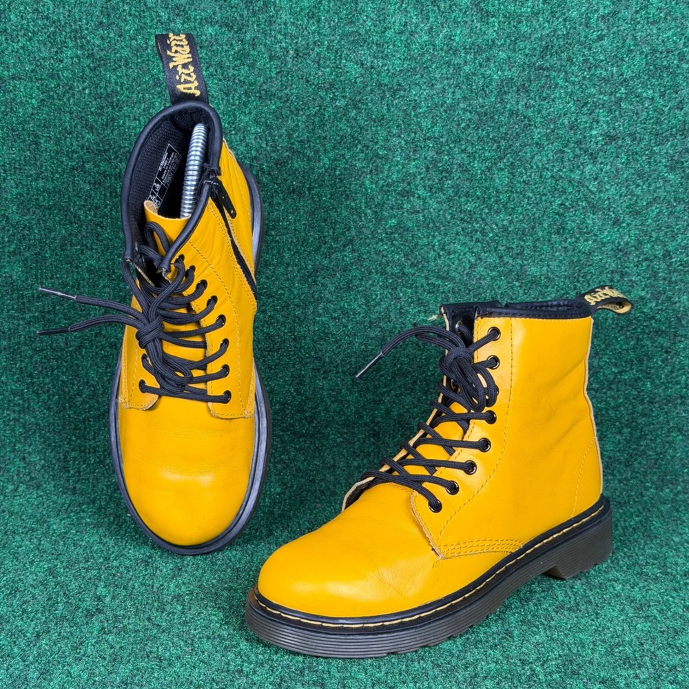 Dr. Martens 1460 J Yellow Leather Lace Up Side Zip Combat Boot Junior Youth 3 US